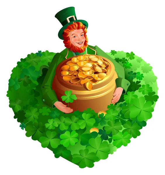 St. Patricks Day red gnome leprechaun holds pot of gold coins among clover heart shape — Stockvektor