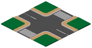 Unregulated crossroads intersection with pedestrian crossing 3d isometric icon illustration clipart