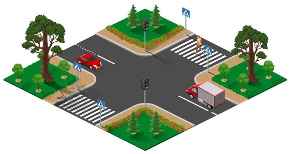 도로 와 교통 신호등 이 교차 합니다. 얼룩말의 길을 횡단하는 보행자 벡터 그래픽