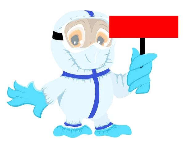 Búho médico en traje médico protector sostiene coronavirus tablero rojo. Peligro virus de la corona de cuarentena covid-19 — Vector de stock