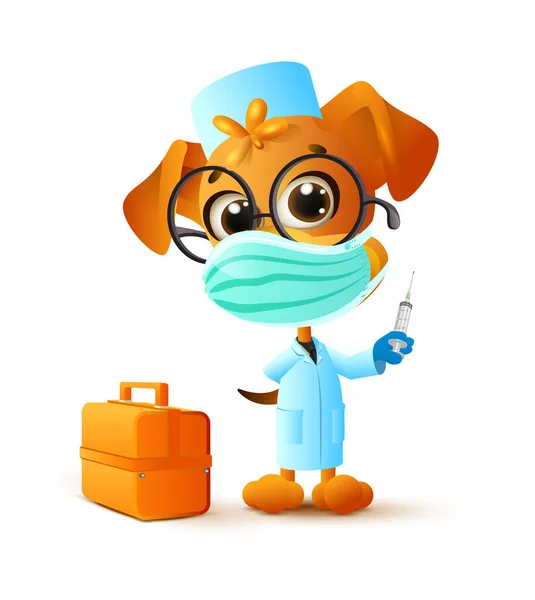 의료용 마스크를 쓰고 있는 개는 주사기를 들고 있습니다. 코로나 바이러스 보호 의료 마스크 — 스톡 벡터