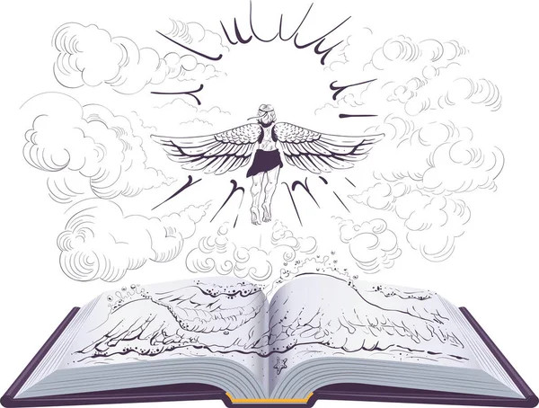 Icarus vliegt naar de zon open boek illustratie oude Griekse legende — Stockvector