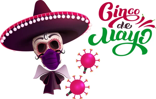 Cinco de mayo cranio in sombrero e maschera di protezione contro il coronavirus. Biglietto di auguri testo — Vettoriale Stock