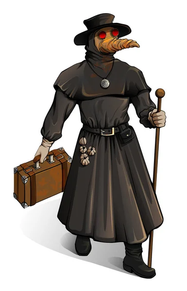 Médico medieval em roupa protetora caminha com mala. Surto de cólera medicina vintage estilo steampunk — Vetor de Stock