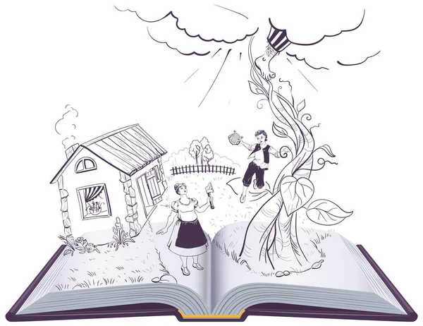 Jack and the Beanstalk ilustração livro aberto Inglês conto de fadas — Vetor de Stock