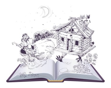Baba Yaga havan topunda yaşlı cadı ve tavuk bacağında kulübe. Rus halk masalı açık bir kitap. Beyaz vektör karikatür çiziminde izole edilmiş