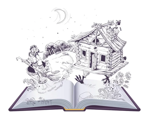 馬場ヤガの古い魔女モルタルや鶏の足の小屋 ロシアの民話オープンブック 白いベクトルの漫画のイラストに隔離 — ストックベクタ