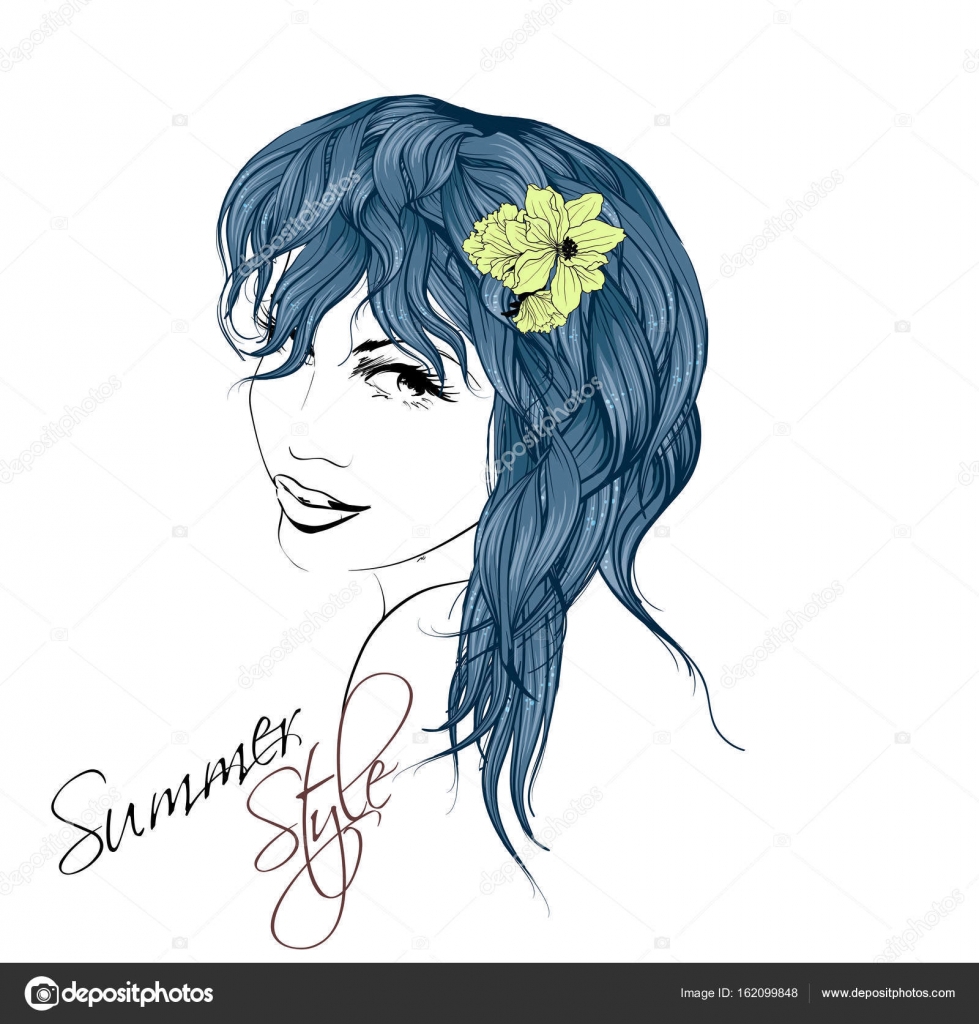 Sketch Summer Style Girl With Flowers In Her Hair Stock