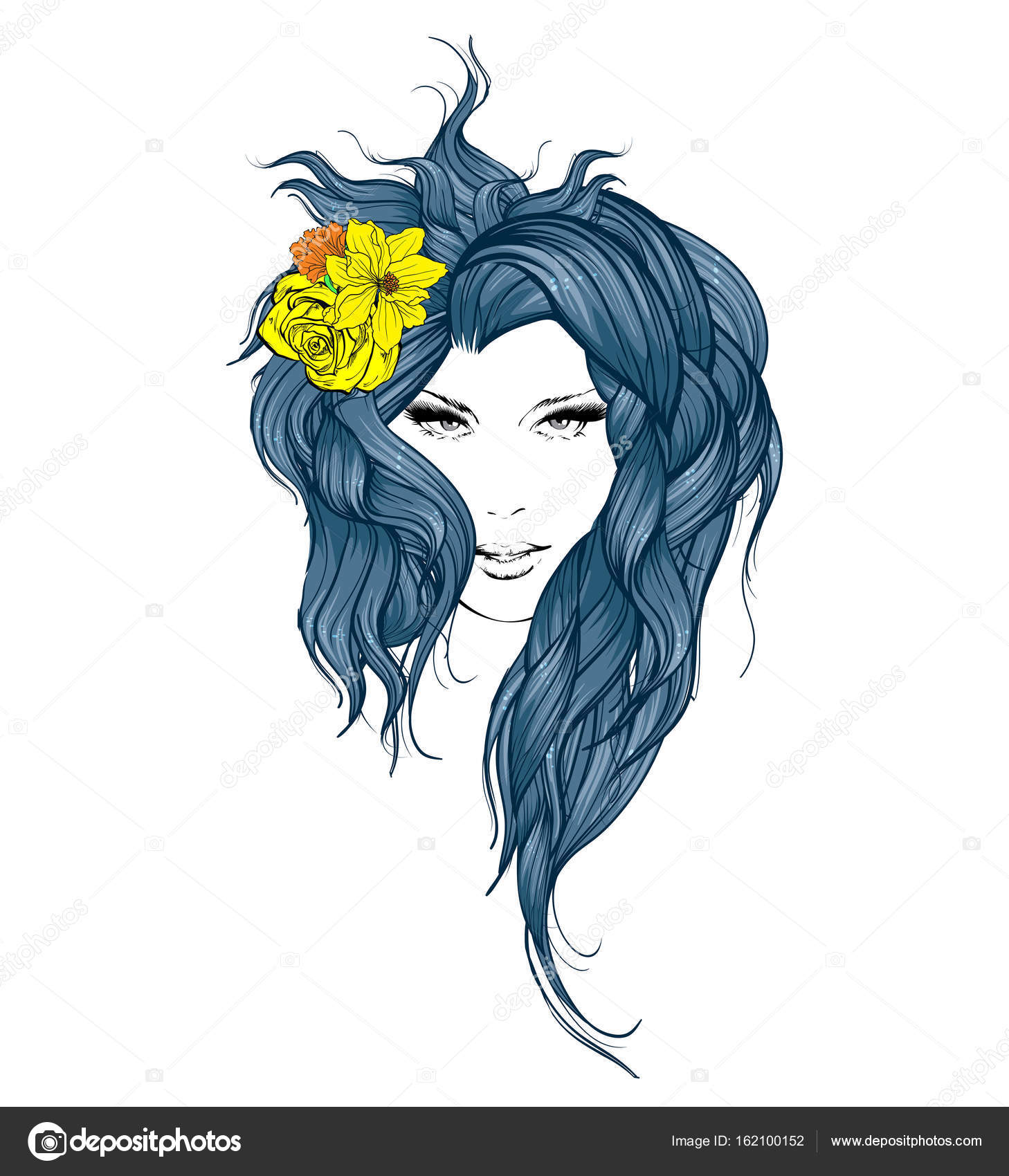 Sketch Summer Style Girl With Flowers In Her Hair Stock