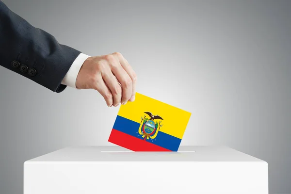 Man Putting Voting Ballot Box Ecuadorian Flag — Stock Photo, Image