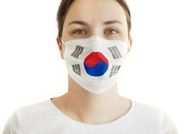 Coronavirus Covid Mujer Con Máscara Facial Bandera Corea Del Sur —  Fotos de Stock