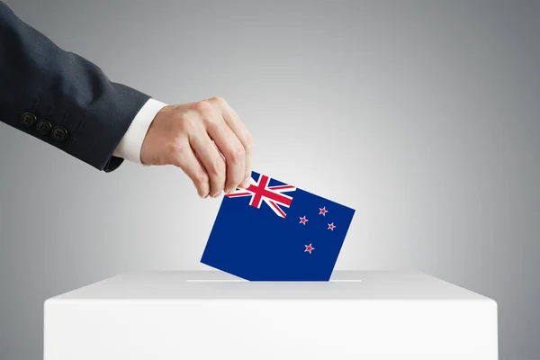 Man Putting Voting Ballot Box New Zealand Flag — Stock Photo, Image