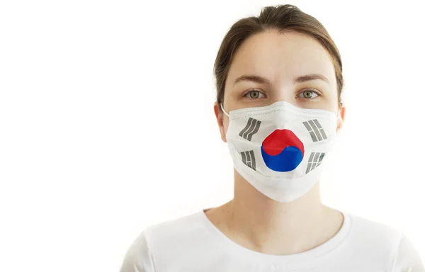 Coronavirus Covid Mujer Con Máscara Facial Bandera Corea Del Sur —  Fotos de Stock