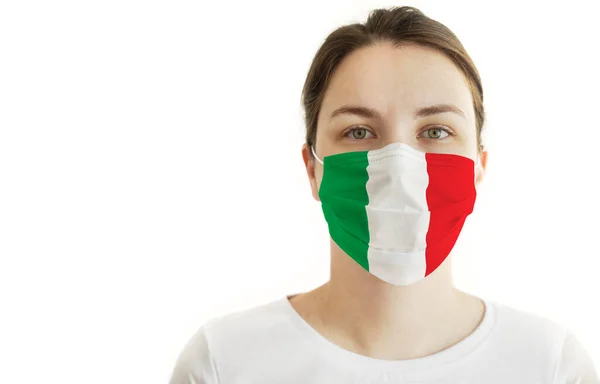 Coronavirus Covid Kvinna Med Ansiktsmask Och Italiensk Flagga — Stockfoto