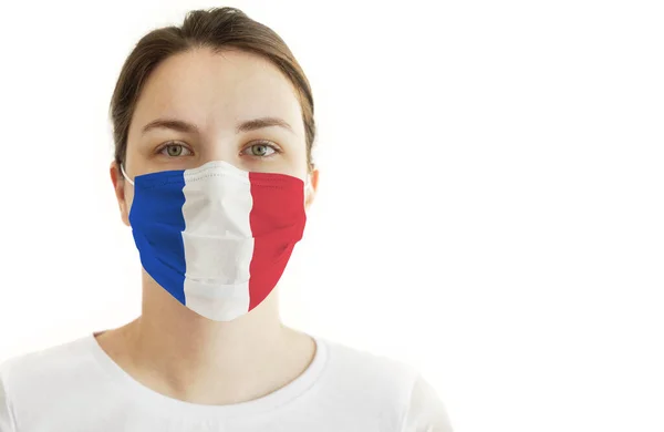 Coronavirus Covid Mujer Joven Con Máscara Facial Bandera Francia —  Fotos de Stock