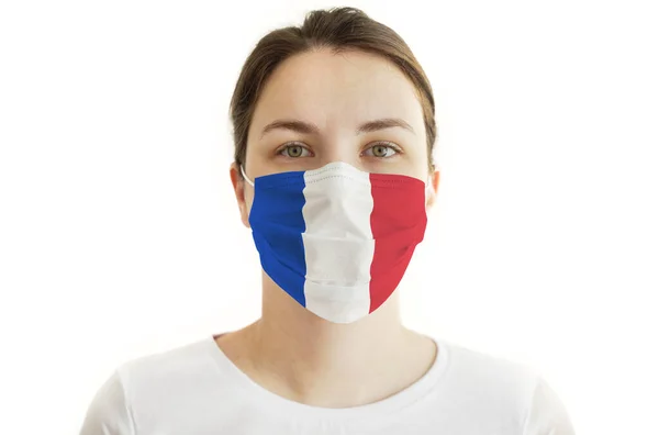 Coronavirus Covid Jeune Femme Avec Masque Visage Drapeau France — Photo