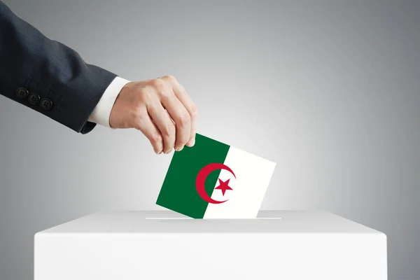 Man Putting Voting Ballot Box Algeria Flag — Stock Photo, Image