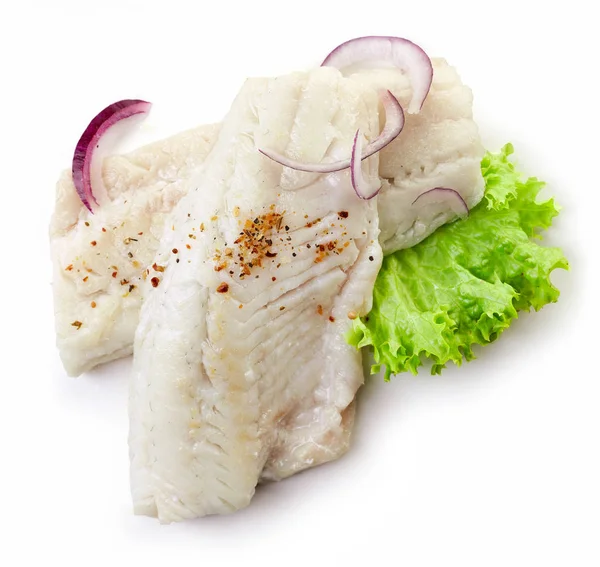 Filetes de peixe poleiro assado no fundo branco — Fotografia de Stock