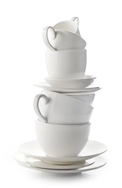 Stack of white cups and plates — Stock Photo, Image