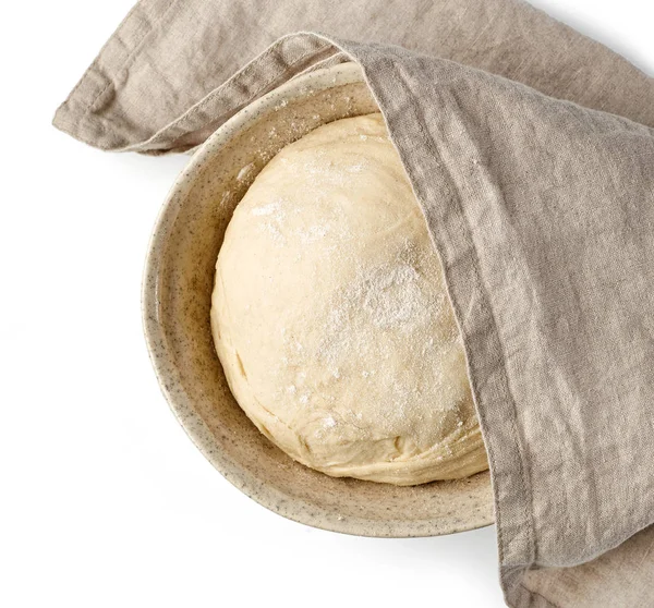 Bowl of dough and linen towel — Stock Photo, Image