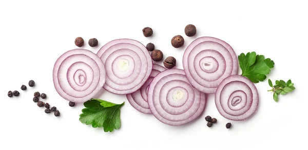 Red onion and various spices on white background — Stock Photo, Image