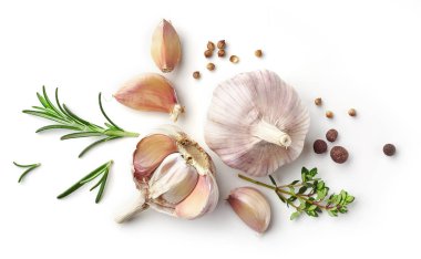 garlic and herbs on white background clipart