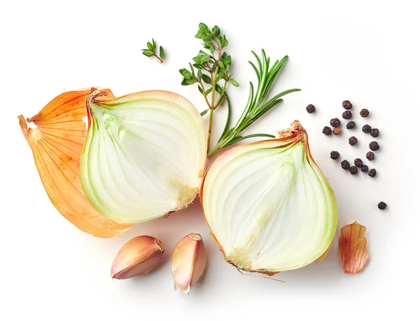 Onions and spices on white background — Stock Photo, Image