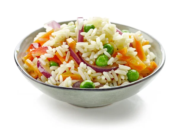 Bowl of boiled rice with vegetables — Stock Photo, Image