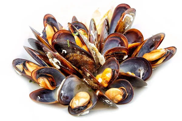 Mejillones cocidos sobre fondo blanco — Foto de Stock