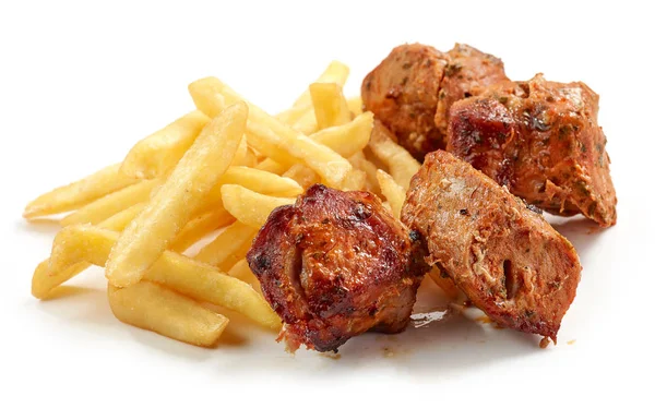 Fried potatoes and pork kebab — Stock Photo, Image