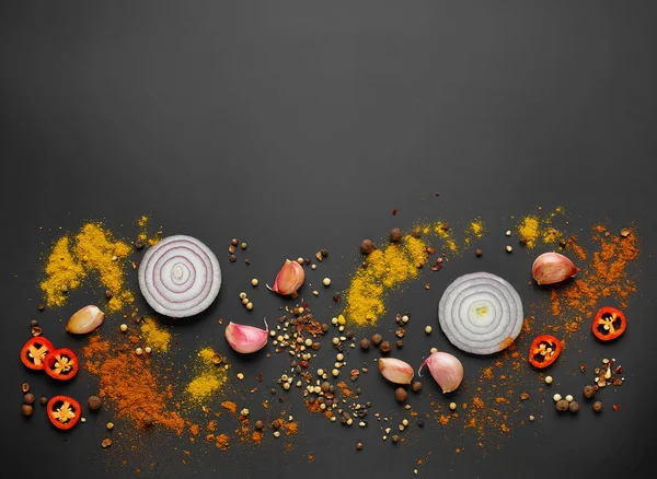 Various Spices Black Background Top View — Stock Photo, Image