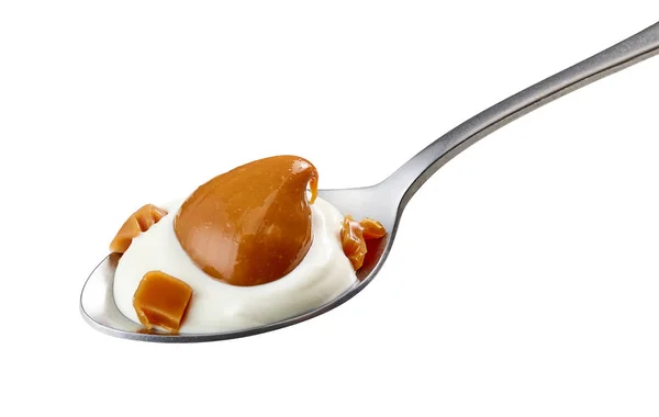 Cucchiaio di yogurt e caramello morbido — Foto Stock