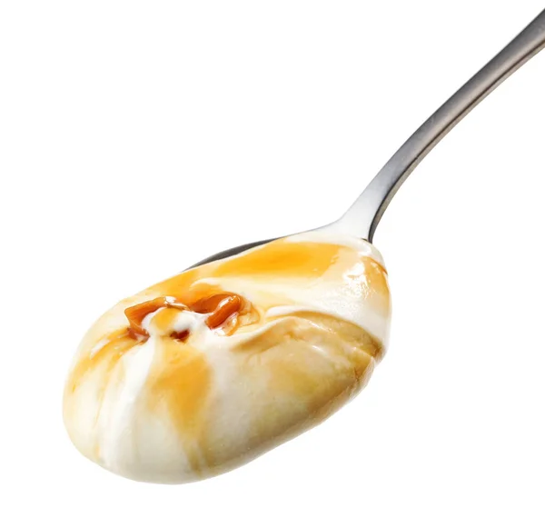 Sked Yoghurt Med Karamell Isolerad Vit Bakgrund — Stockfoto