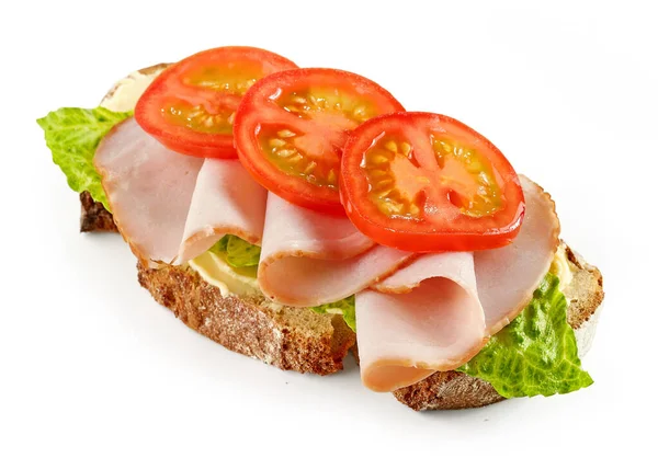 Sneetje Brood Met Ham Tomaat Geïsoleerd Witte Achtergrond — Stockfoto