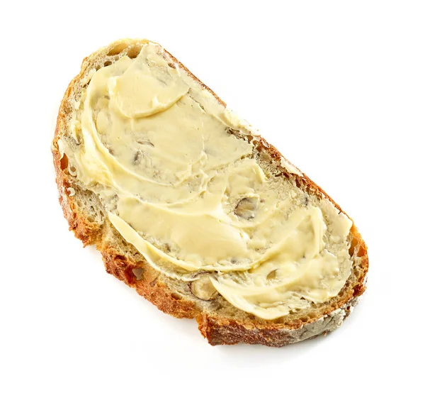 Sneetje Brood Met Boter Geïsoleerd Witte Achtergrond Bovenaanzicht — Stockfoto