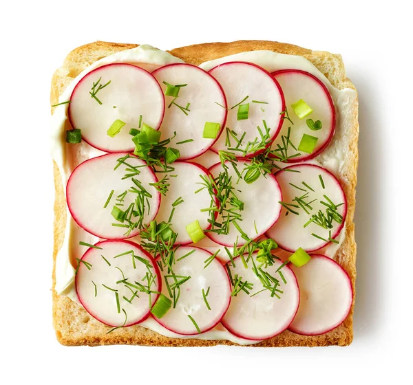 Toasted Bread Slice Cream Cheese Radish Isolated White Background Top — Stock Photo, Image