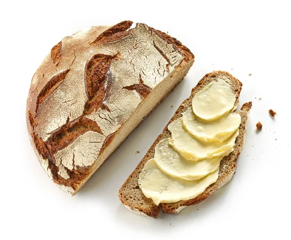 一片黄油面包 白色背景隔离 顶部视图 — 图库照片