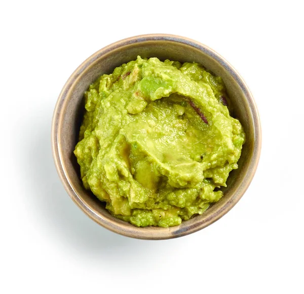 Kom Van Guacamole Geïsoleerd Witte Achtergrond Bovenaanzicht — Stockfoto