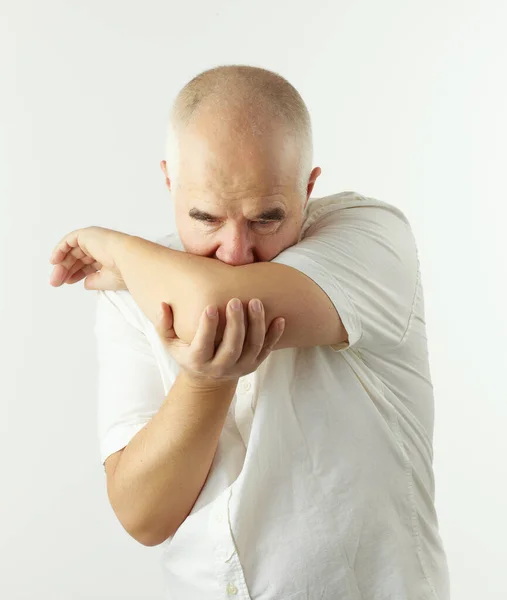 Senior Man Sneezed Elbow White Background — Stock Photo, Image