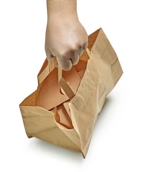 Paper Bag Human Hand Isolated White Background Food Delivery — Stock Photo, Image