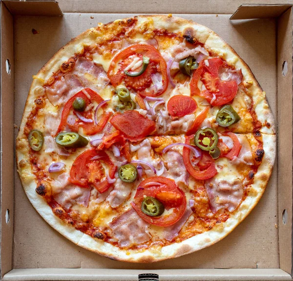 Freshly Baked Pizza Cardboard Box Top View — Stock Photo, Image