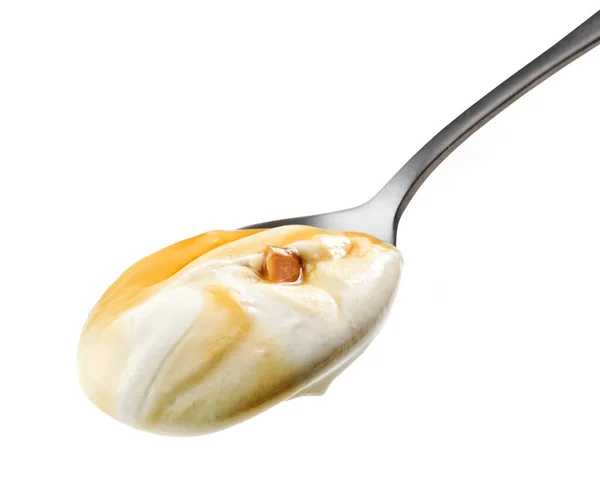 Cuchara Yogur Caramelo Aislado Sobre Fondo Blanco —  Fotos de Stock