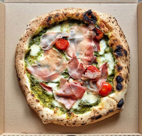 Freshly Baked Artisan Pizza Cardboard Take Away Box Top View — Stock Photo, Image