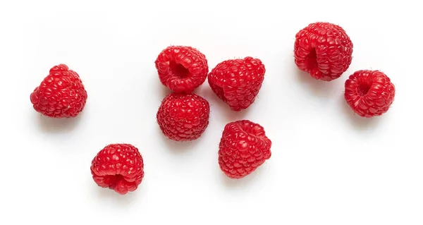 Fresh Ripe Raspberries Isolated White Background Top View — Stock Photo, Image