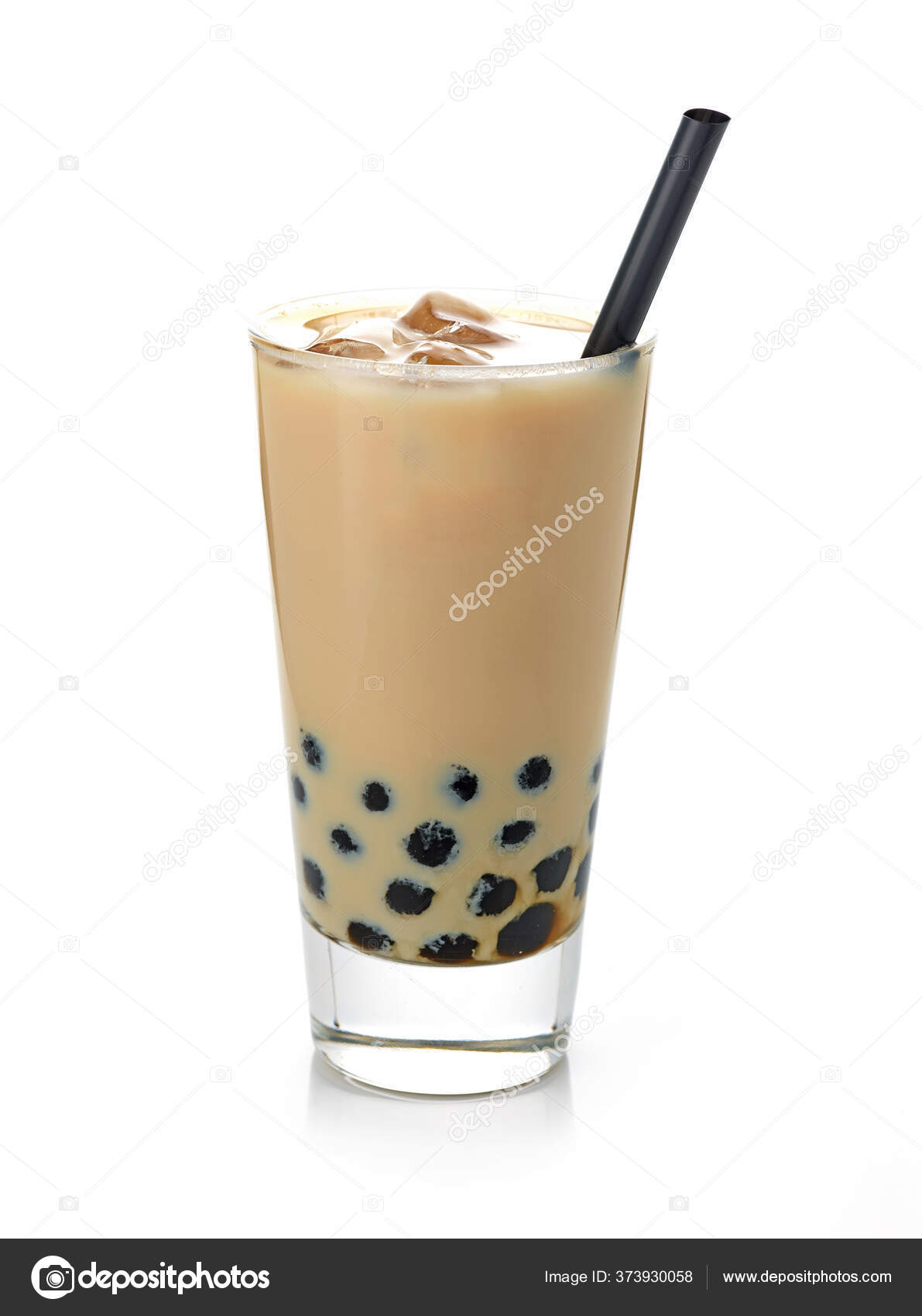 Glass Iced Bubble Tea Milk Black Straw Isolated White Background Stock