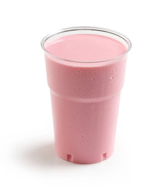 Milkshake Fraise Rose Plastique Emporter Tasse Isolée Sur Fond Blanc — Photo