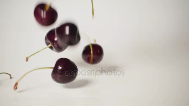 Cherry falls on the table, slow motion — Stock Video