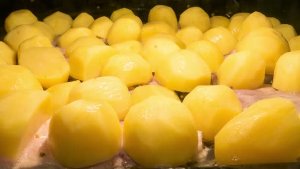 Koken van vlees en aardappelen in de oven, 4k time-lapse — Stockvideo