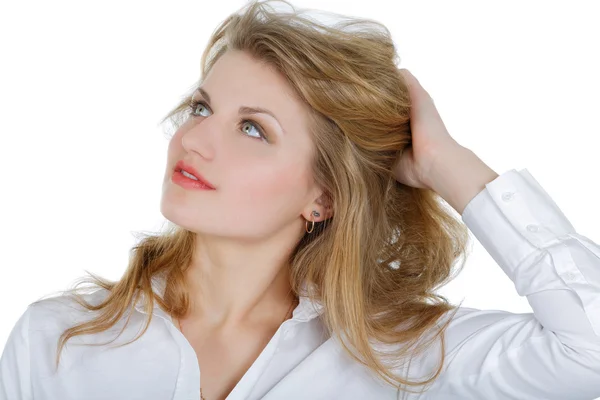 Girl in a white shirt looking up isolated — Stock Photo, Image