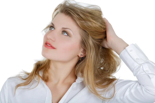 Girl in a white shirt looking up isolated Stock Image